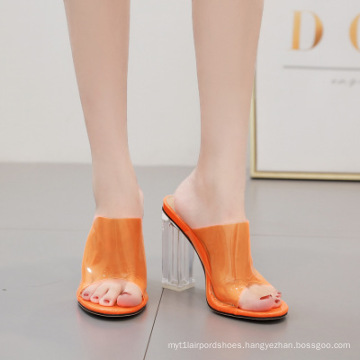 2019 Summer Shoes for Girls Clear PVC Transparent Block High Heels Slippers Fashion Sandals For Woman